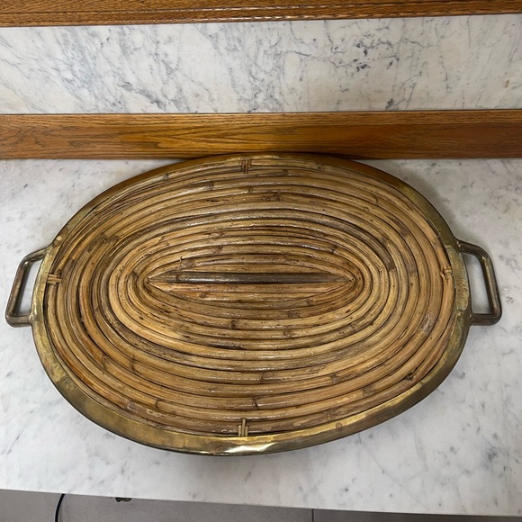 Mcm Italian pencil reed & brass oval serving tray, in style of Gabriella Crespi